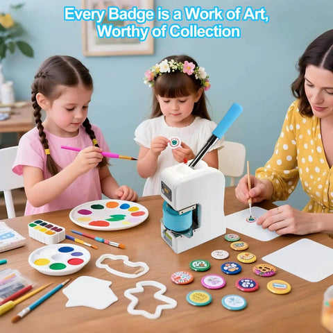 Children and adult using 75mm 3 Inch Badge Maker Kit with 86mm Circle Cutter and Pad; visible badges and craft materials on table.