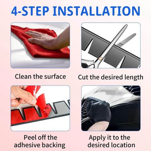Installation steps for DIY Front Bumper Protector Kit With Preinstalled Tape Universal Bumper Guard For Lowered Cars Anti Scratch Shield With Carbon Fiber Look Aftermarket Bumper Lip Durable Scratch Resistant Protection For All Weather. Clean surface, cut to length, peel tape, apply.