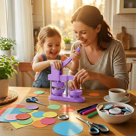 Mother and child using 58mm Button Maker Kit With No Install Needed Button Press Includes 100 Sets Supplies Circle Cutter And Bonus DIY Accessories