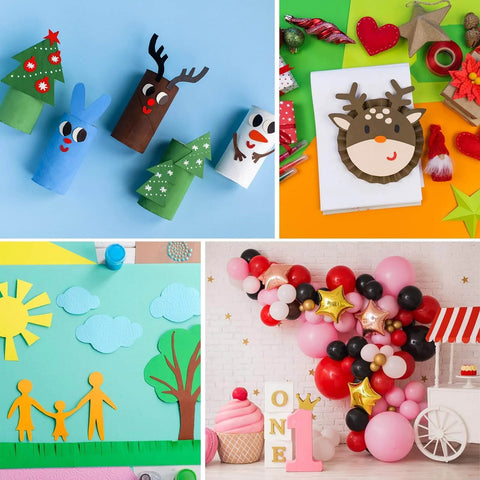 Various DIY crafts including toilet roll reindeer and snowmen, paper ornaments, a scrapbook scene, and a balloon display.