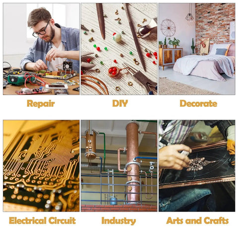 Collage showing various uses: repair, DIY, home decor, electrical circuits, industry, and arts and crafts.