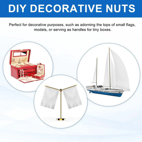 Brass Ball Finial Nuts Kit for lighting fixtures, shown as decorative elements on a flag display, a model ship, and a jewelry box.