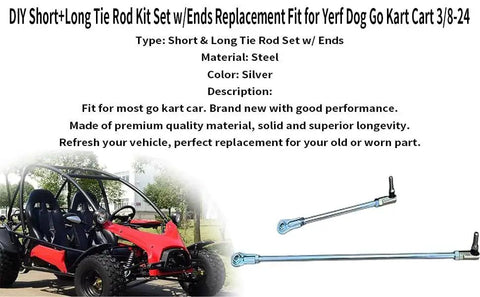DIY Short And Long Tie Rod Kit With Ends For Go Karts 3/8-24 Replacement displayed with go-kart in background