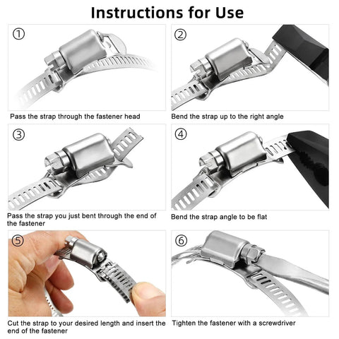 Instructional guide showing steps for using DIY Stainless Steel Hose Clamps Kit With 8.5 Feet Metal Strap And 6 Fasteners.