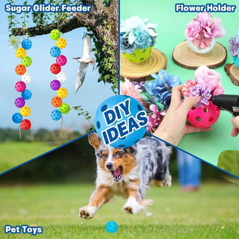 Collage showing DIY uses for 20 Pack Baseball Practice Balls Plastic Training Balls: feeder, flower holder, pet toy with an active dog.