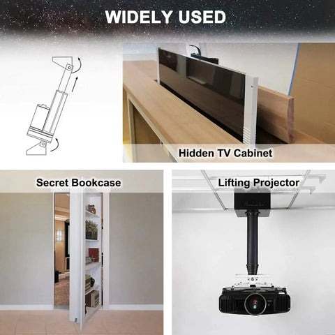 Diagram and uses of 2 Inch Stroke DC12V Linear Actuator With Mounting Bracket IP65 for TV cabinets, bookcases, and projectors.