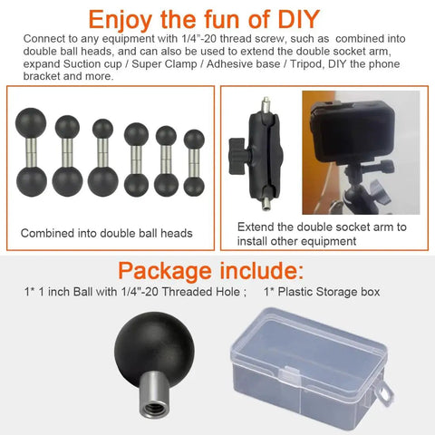 B Size One Inch Ball Adapter with One Quarter Twenty Female Threaded Hole, shown with extension arm and plastic storage box.