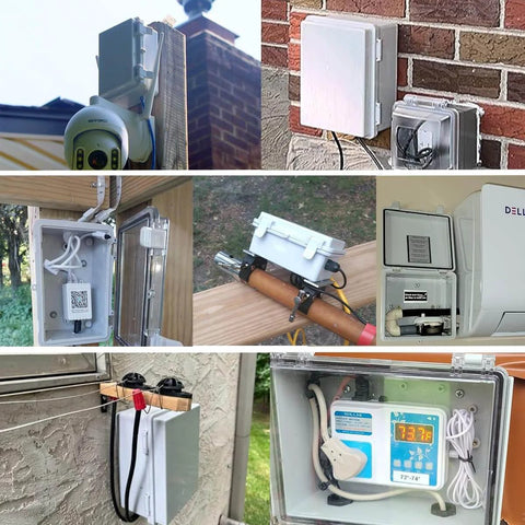Collage of IP67 Waterproof Junction Box with Hinged Cover, installed outdoors, showing heavy-duty latch and mounting in various settings.