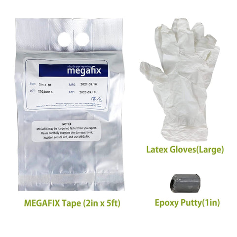 DIY Pipe Repair Kit With Fiberglass Wrap For Leaks And Plumbing Underwater Ready Permanent Fix With Epoxy Type When No Water Rubber Type For Live Leaks Works On PVC And ABS Pipes Quick Home Or Emergency Repair with MEGAFIX tape, latex gloves, and epoxy putty.