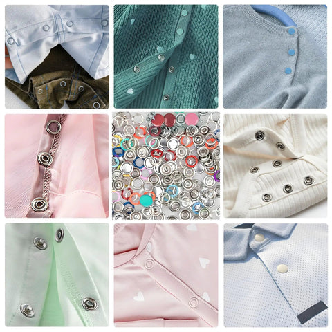 Collage of clothing with snaps, including shirts and jackets, using Pro DIY Snap Button Kit With Pliers, 150 Sets Metal Multicolor 9.5mm Hollow Snaps, 600 Pieces Total for Sewing, Crafting, and Mending Clothes, Bags, and Upcycling Projects