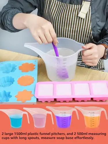 Person using measuring cup and funnel pitcher from DIY Soap Making Kit For Adults And Kids With Rectangular Loaf Mold Adjustable Wooden Cutter Funnel Pitchers Measuring Cups Silicone Molds 100 Paper Bags And All In One Craft Set Perfect For Any Occasion Gift.