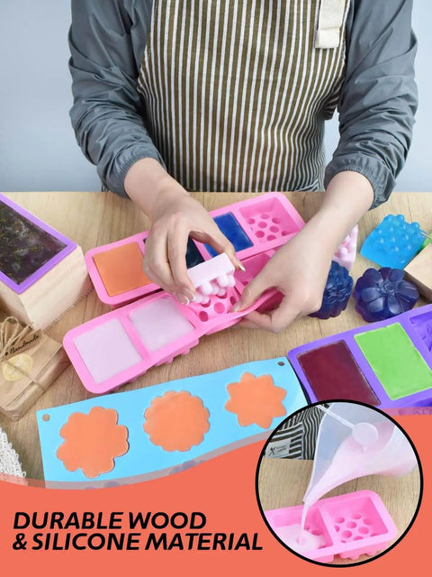 Person using DIY Soap Making Kit For Adults And Kids With Rectangular Loaf Mold, silicone molds, and wooden cutters on table