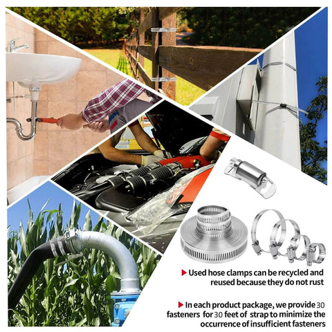 Collage showing DIY Cut To Fit Hose Clamp Kit With 30 Feet Strap And 30 Fasteners In Stainless Steel Large Worm Gear Band Clamp Assortment in use