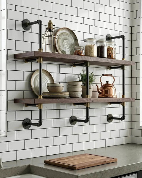 Wall-mounted shelves using Ten Pack Of One Half Inch By Two Inch Black Malleable Iron Pipe Nipples Fitting For DIY Steampunk Industrial Vintage Style Home Decor And Maker Projects Threaded Both Ends Ready For Quick Assembly And Long Lasting Rust Resistant Performance for support