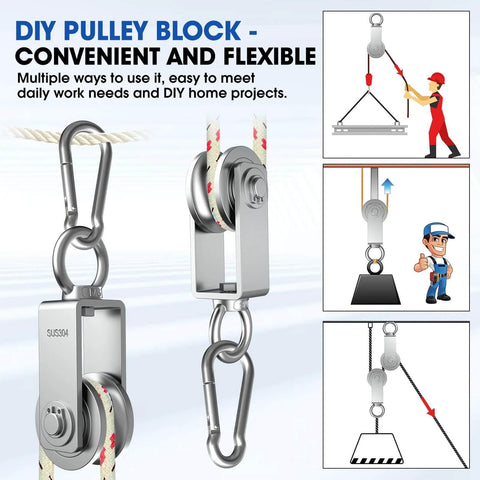 U Type Swivel Pulley Block, 304 Stainless Steel Pulleys for Wire Rope Cable Lifting, shown with multiple usage illustrations