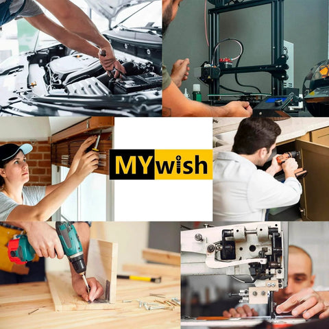 Collage of various DIY and professional repair and assembly tasks with hand tools and equipment, featuring the MYwish logo in the center