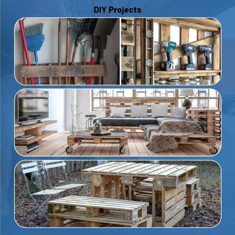 DIY projects using wooden pallets for storage and furniture, showcasing tools, pallets with wheels, and outdoor seating.