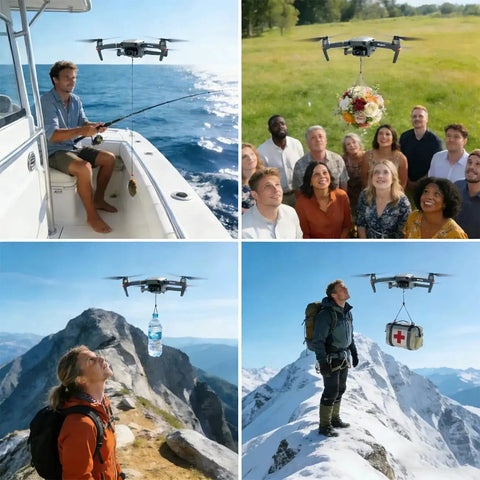 Drone Airdrop System With Release Device And Payload Clip for DJI Mini Series, Air Series, Mavic 3, Mavic 2, Spark delivering payloads in various scenarios.