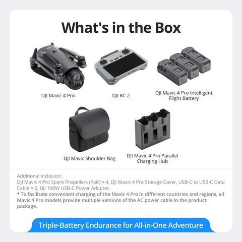 Contents of DJI Mavic 4 Pro Fly More Combo With DJI RC 2 Tri Camera Drone Featuring 100MP Four Thirds CMOS Hasselblad Main Sensor.