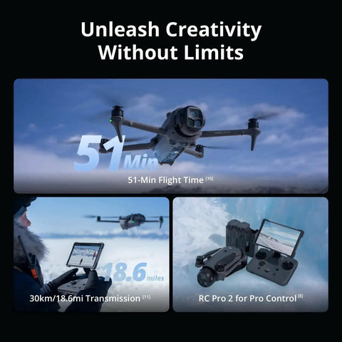 Collage showing DJI Mavic 4 Pro Fly More Combo With DJI RC 2 Tri Camera Drone Featuring 100MP Four Thirds CMOS Hasselblad Main Sensor And Dual Tele Cameras, 30 km Video Transmission, 51 Minute Max Flight Time, Charging Hub And Accessories in action.
