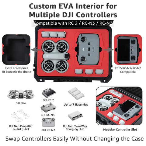 Travel Hard Case For DJI Neo Fly More Combo Designed To Shield The Drone And Accessories, Holds Up To Ten Batteries shown open.