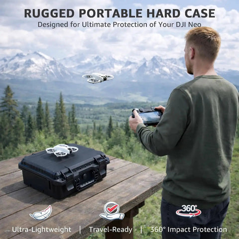 IP67 waterproof and shockproof travel hard case on a wooden table in a scenic outdoor setting, designed for DJI Neo Fly More Combo.