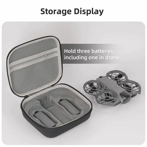 Open DJI Neo 2 Drone Storage Bag And Protective Travel Case, showing interior slots for drone and batteries, black fabric.