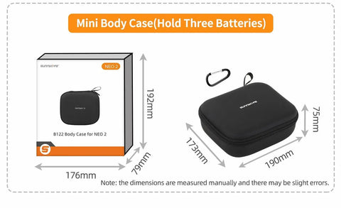 DJI Neo 2 Drone Storage Bag And Protective Travel Case, Lightweight Portable Carrying Case For Neo 2 Drone And Batteries, Custom Fit Lycra Double-Layer Fabric, One-Piece Molded Design, Black next to box showing dimensions
