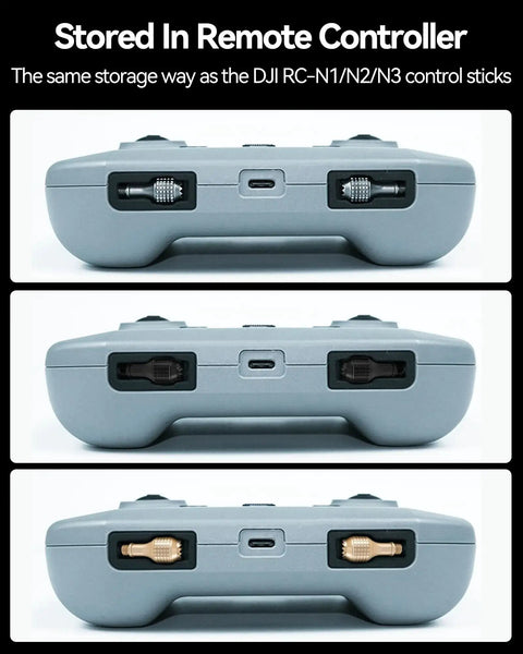 Front view of DJI RC-N3/N2/N1 controller with stored Three Pairs Replacement Remote Controller Joysticks For DJI RC N3 N2 N1 And SKYROVER X1 Thumb Rocker Replacement Parts For DJI Neo 2 Flip Mini 4K Mini 5 4 3 Pro Mini 2 2 SE Air 3S 2S 2 Mavic 3 Pro 3 Drone.