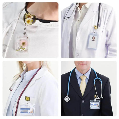 Doctors wearing heart-shaped Doctor Badge Rollers Silicone Molds for Epoxy Resin Crafting attached to ID badges and stethoscopes.