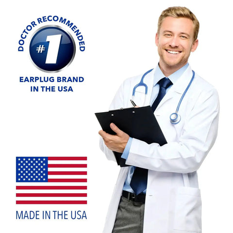 Doctor recommending earplug brand with American flag representing Ultra Soft Foam Earplugs 50 Pairs With 33 dB NRR For Deep Sleep And Snoring Reduction Ideal For Travel Airlines Concerts Studying And Working In Loud Environments Comfortable Sleep At Home Made In USA