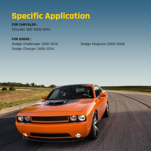 Orange Dodge Challenger on road highlighting specific application for Chrysler 300, Dodge Challenger, Charger, Magnum models 2005-2014.