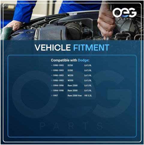 Mechanic working on engine with vehicle fitment chart displaying compatibility for Dodge models from 1990 to 1998.