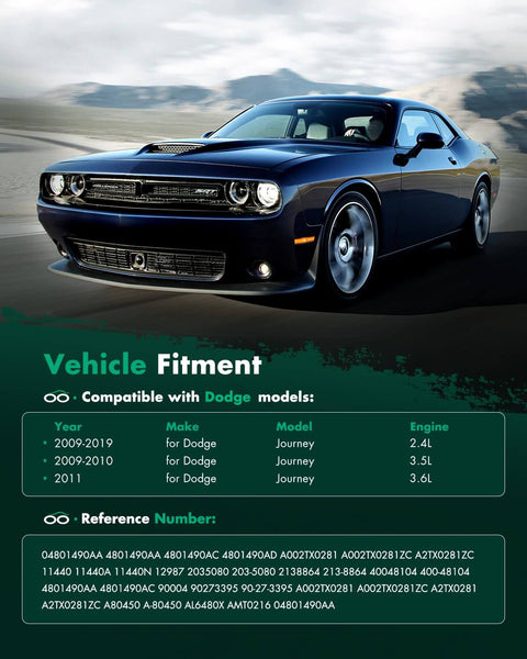 Vehicle fitment guide for Dodge Journey with engine compatibility and reference numbers