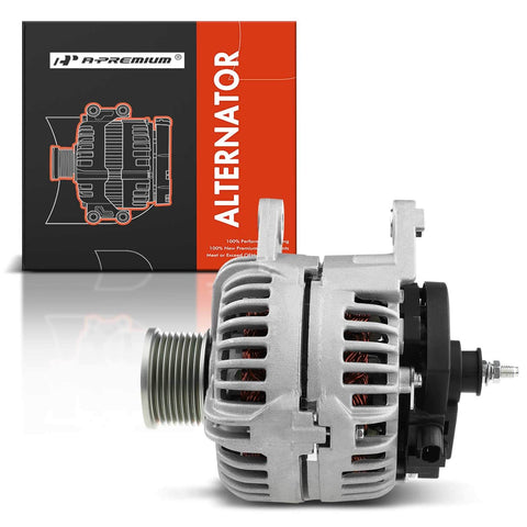 Front view of Replacement Alternator For Dodge Ram 2500 2006 Through 2009 And Ram 3500 2006 Through 2008 5.9L 12V 136A 8-Groove Clockwise Pulley Clutch No Frills Fits 0124525105 0124525154 40024133 4801475AA LRA04249 with packaging