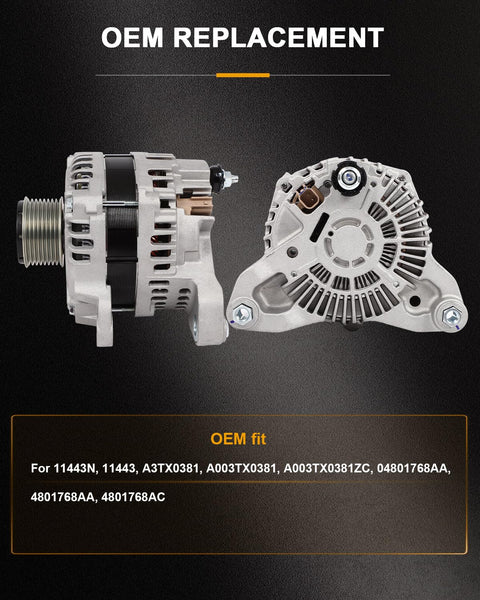 Side and rear view of Beefed Up Drop In Alternator For Dodge Ram 2500 And 3500 6.7L 2010 2023 Ready To Roll Replacement For Laramie SLT ST SXT Big Horn Longhorn Limited Models Replaces 11443