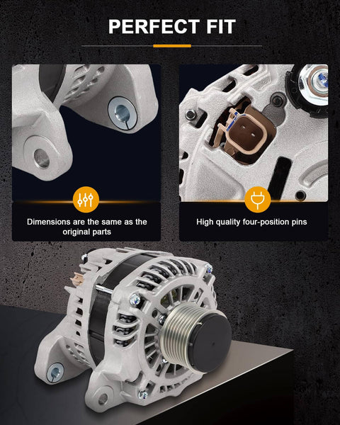 Image of a Beefed Up Drop In Alternator for Dodge Ram 2500 and 3500 6.7L 2010-2023, with close-up on four-position pins and mount.