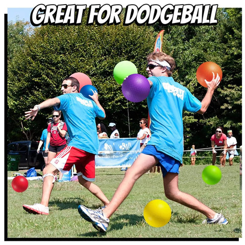 Two people playing dodgeball outdoors using 10 Inch Kickball Playground Balls - (Pack of 6) Inflatable Rubber Indoor Outdoor Bouncy Balls.