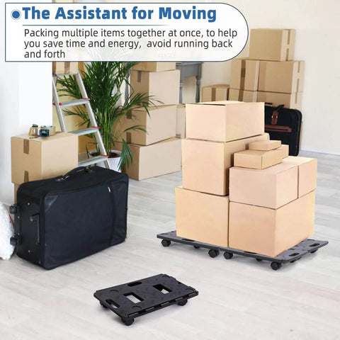 2 Pack Dolly Cart Multipurpose Furniture Mover with 5 Wheels, shown with boxes in a room for moving supplies use.