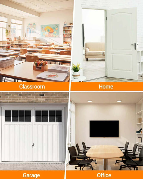 Four different settings where door stoppers are used: classroom, home interior, garage, and office.