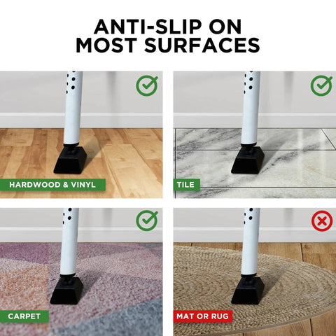 Sliding Door Security Bar 2-In-1 Adjustable Door Jammer on different surfaces including hardwood, tile, and carpet