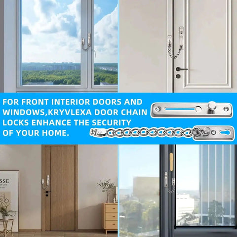 Beefy Heavy Duty Door Chain Lock With 304 Stainless Steel Construction And Spring Loaded Push Button Latch on various doors and windows.