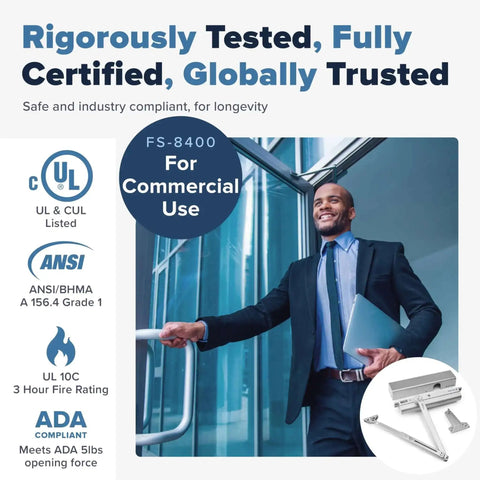 Heavy Duty Adjustable Grade 1 Door Closer Built To Last For High Traffic Commercial Uses ADA Compliant UL Listed UL10C Listed