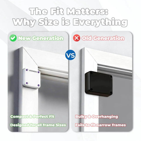 Comparison of new vs old punch-free 1000g automatic screen door closer, highlighting compact design for narrow frames.