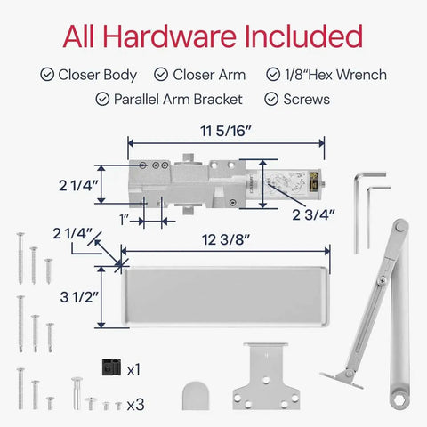 All hardware included for Extra Heavy Duty Door Closer For Commercial Doors With Adjustable 6 Speed Delayed Action 3 Pistons LH8016