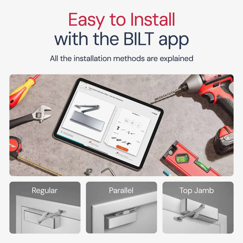 Installation instructions for Extra Heavy Duty Door Closer For Commercial Doors with BILT app displayed on tablet.