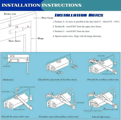Installation instructions for Heavy Duty Automatic Door Closer With Smooth Soft Close And No Slam Hydraulic Mechanism Rust Resistant Aluminum Easy DIY Install Fits 88 To 143 Pound Doors And 23 To 43 Inch Openings Ideal For Home And Commercial Use, showing step-by-step setup and alignment details.