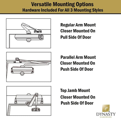 Illustration showing three mounting options for a Door Closer, Commercial Hydraulic Closer, Self-Closing, Spring Size 3, Series 3000.