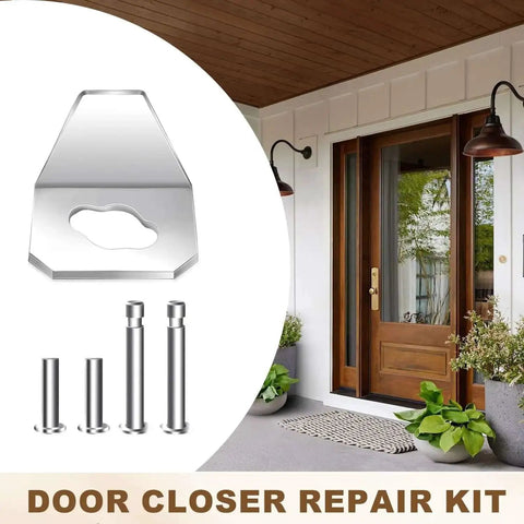 Beefed Up Heavy Duty Screen Door Closer Replacement Kit 5 Pack with 4 Steel Pins and Reinforced Iron Plate, shown next to a door