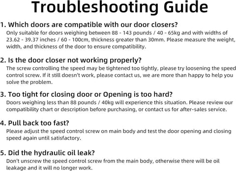 Troubleshooting guide for Heavy Duty Automatic Door Closer for Commercial and Residential Use Hydraulic 3 Spring Model Small Silver.